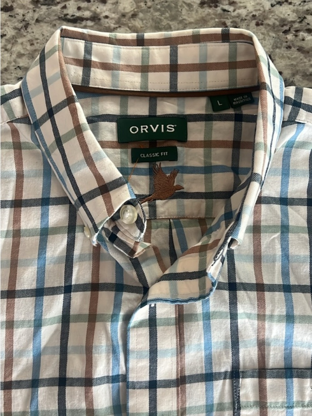 Orvis Men’s Large 100% Cotton Plaid Button-Down Shirt in White Blue & Brown NWOT